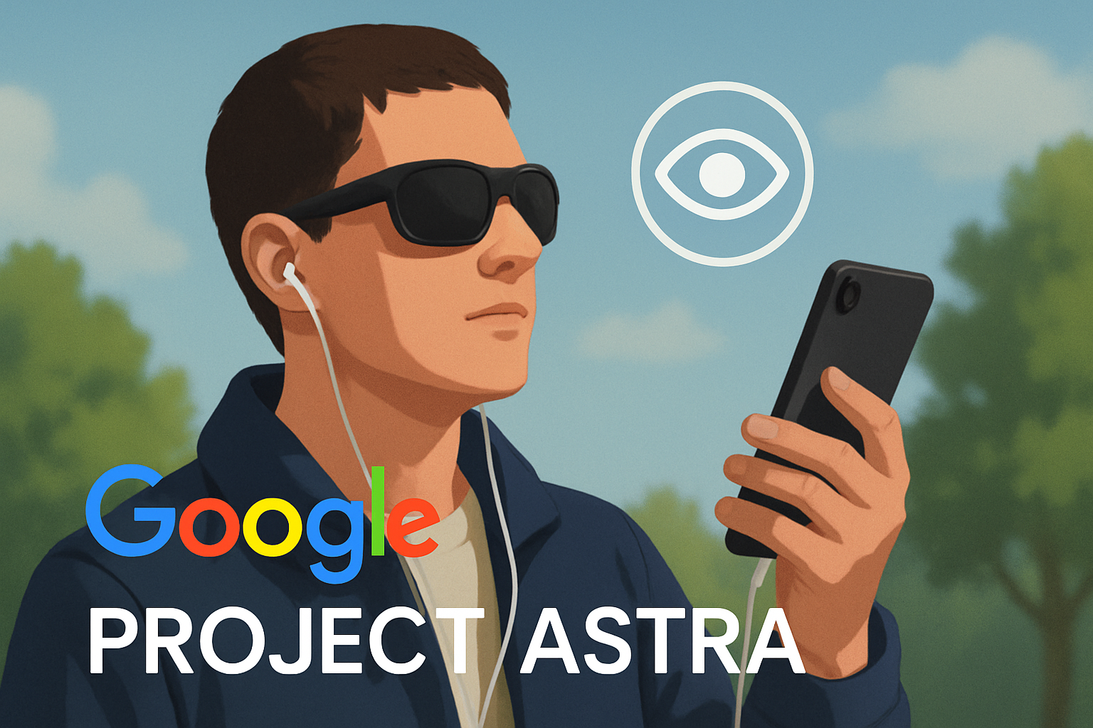 Uomo con disabilità visiva usa uno smartphone all’aperto mentre indossa auricolari. Accanto a lui appare la scritta “Google Project Astra” e un’icona che rappresenta la visione artificiale.