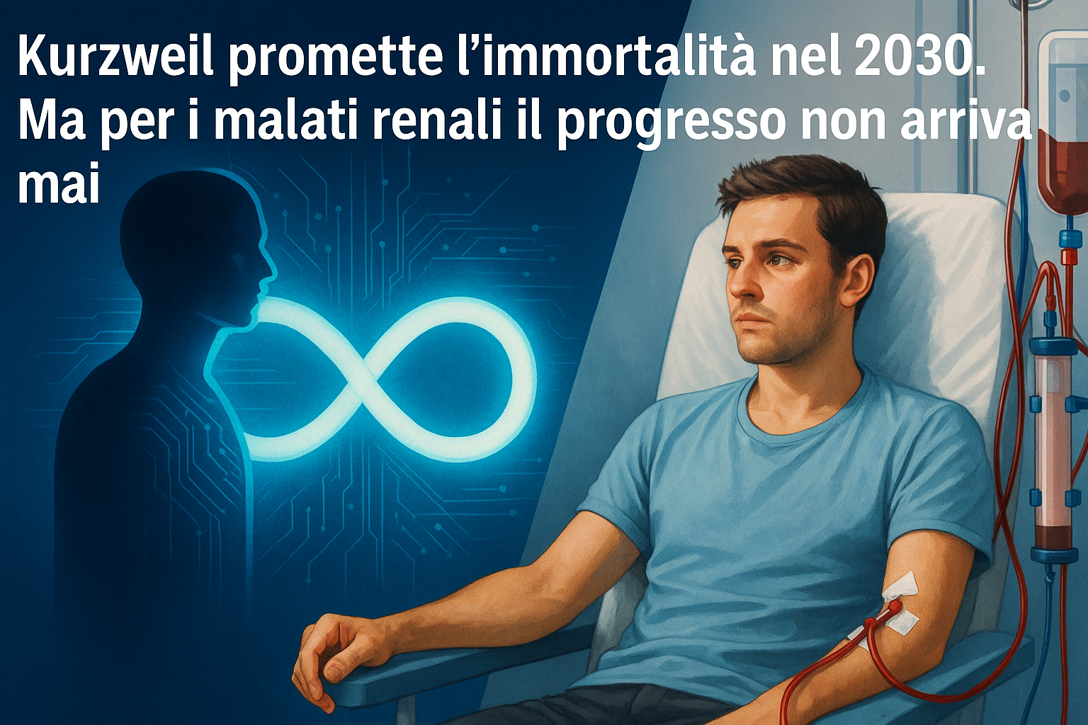 Illustrazione digitale divisa in due: a sinistra un giovane uomo in dialisi osserva il vuoto, a destra una figura futuristica guarda un simbolo dell’infinito sospeso in aria.