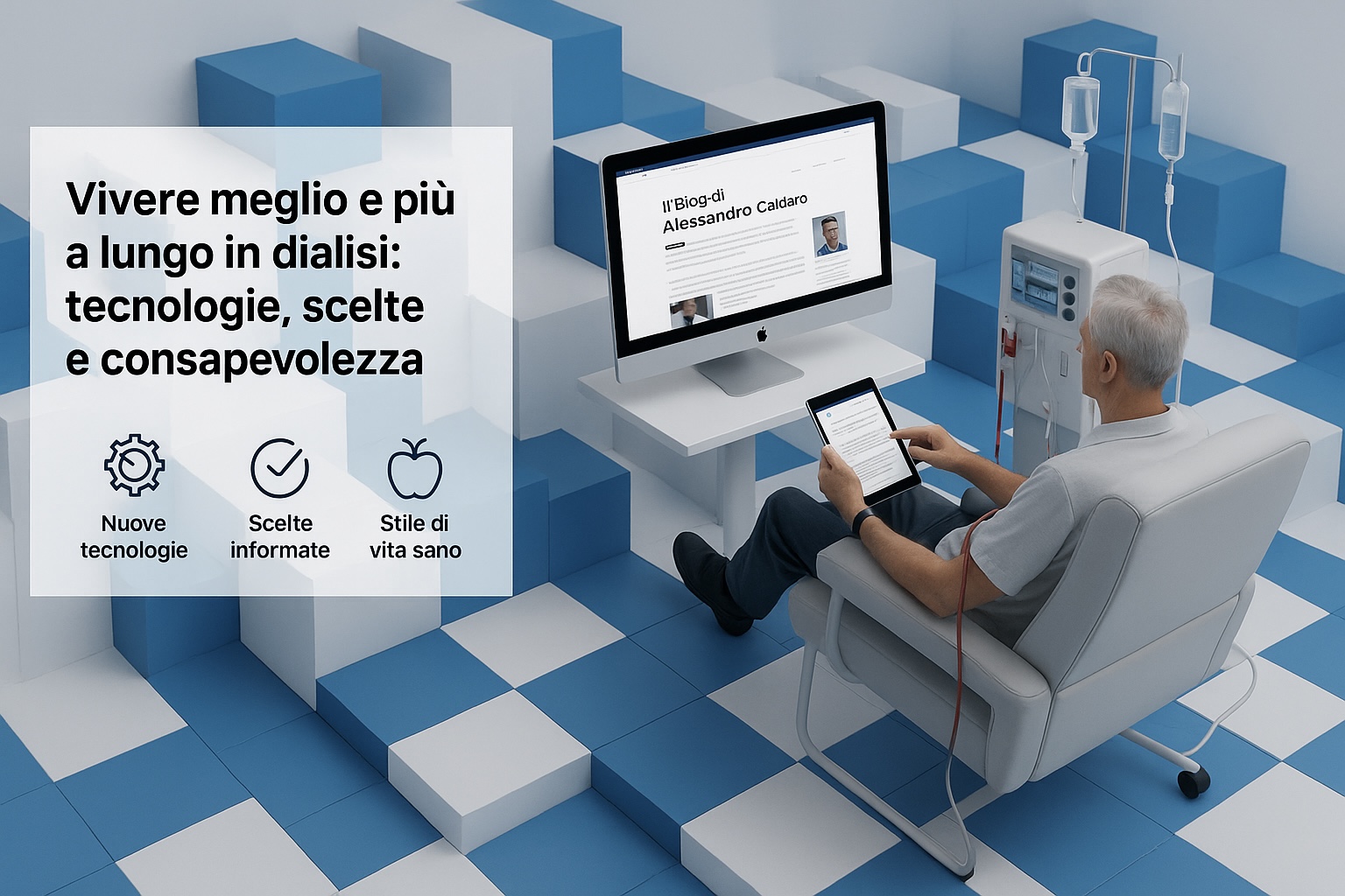 Un uomo anziano seduto su una poltrona di dialisi guarda un monitor e un tablet, collegato alla macchina per la dialisi. Sul lato sinistro dell’immagine appare un riquadro con il titolo “Vivere meglio e più a lungo in dialisi: tecnologie, scelte e consapevolezza” e tre icone con testi “Nuove tecnologie”, “Scelte informate” e “Stile di vita sano”.