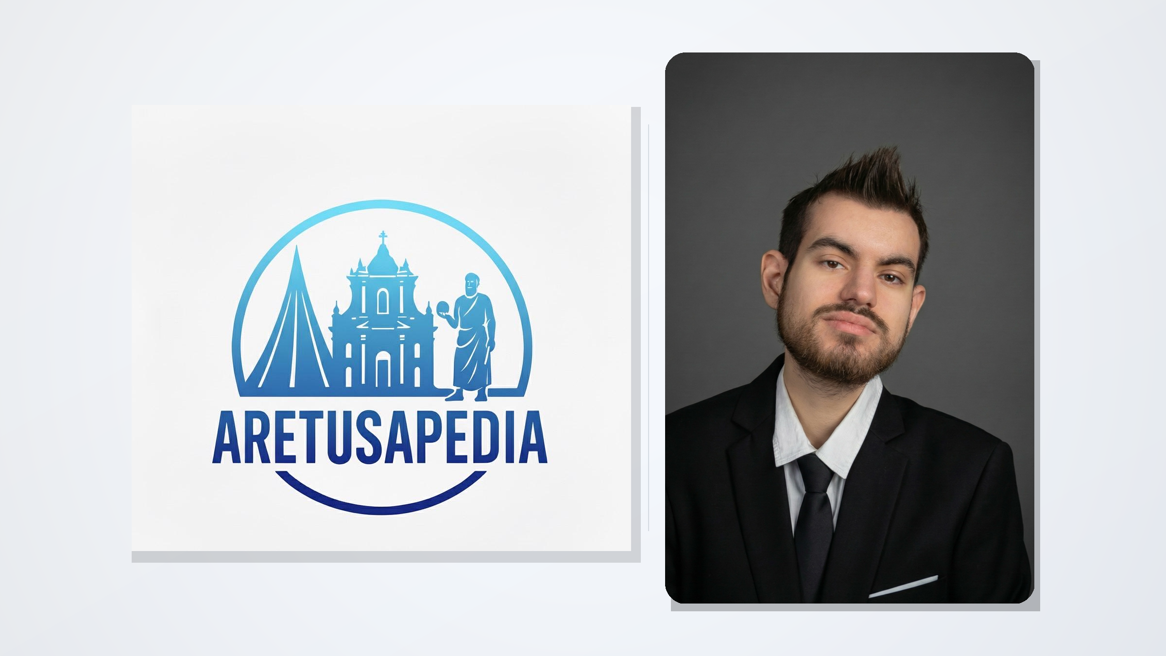 logo di aretusapedia sulla sinistra, accostato sulla destra alla foto profilo del fondatore Alessandro Calabrò