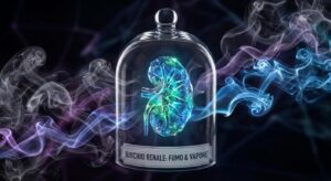 Illustrazione concettuale che mostra un rene umano stilizzato e luminoso protetto sotto una campana di vetro, minacciato all'esterno da fumo di sigaretta grigio e vapore blu di dispositivi elettronici come IQOS o e-cig. In basso un'etichetta recita "RISCHIO RENALE: FUMO & VAPORE". Simboleggia il pericolo del tabagismo per i pazienti trapiantati.