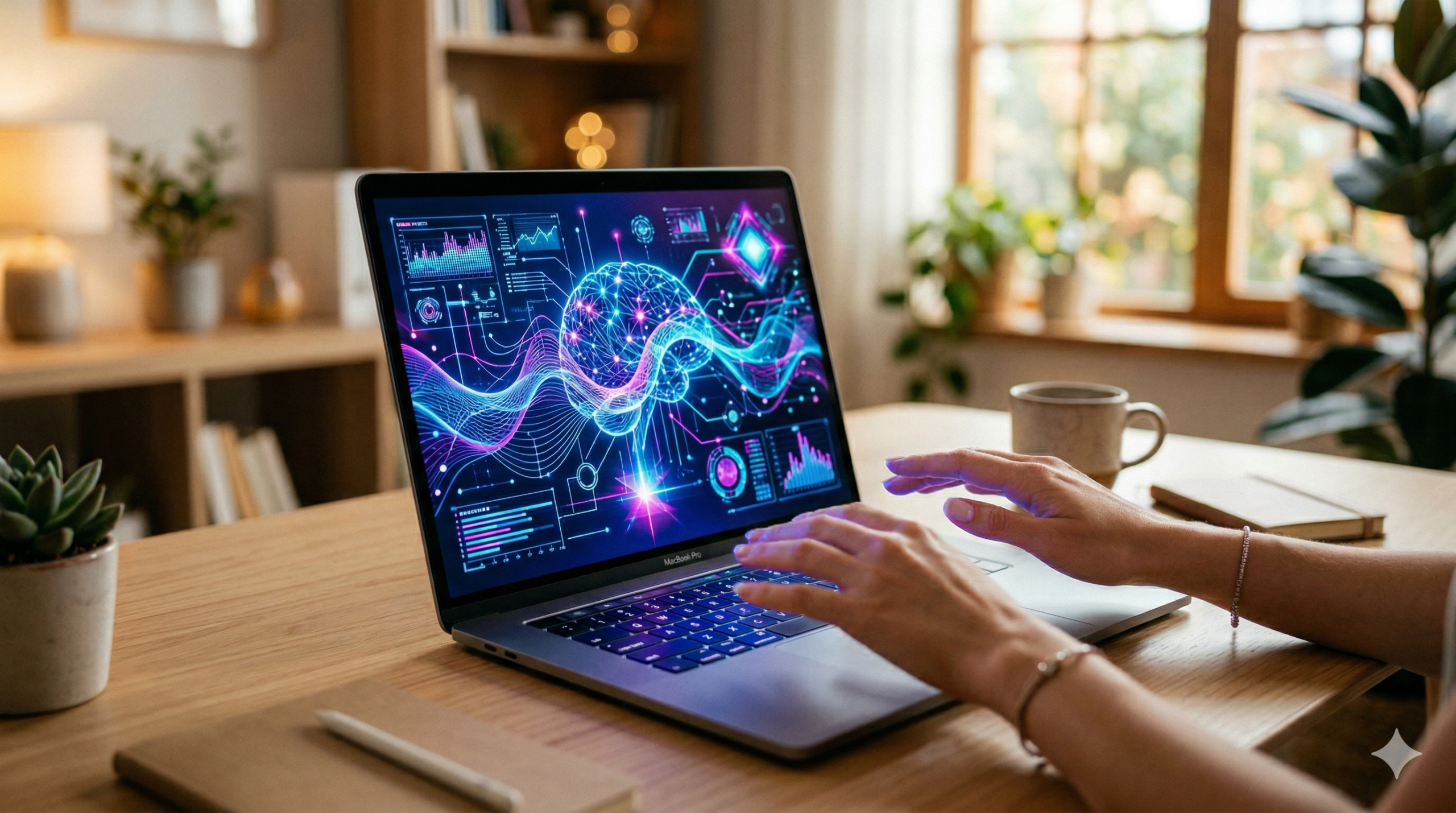Laptop con interfaccia AI luminosa su una scrivania, mani sulla tastiera: l'agente AI controlla il computer al posto dell'utente