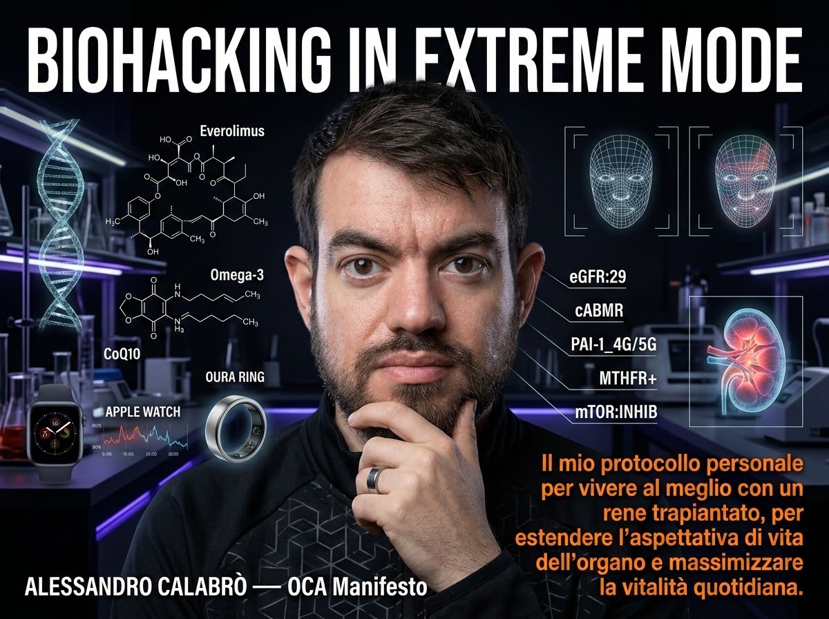 Un ritratto in studio del divulgatore Alessandro Calabrò, con un'espressione concentrata, circondato da ologrammi e grafici che illustrano il suo protocollo di biohacking 'Extreme Mode'. L'immagine mostra strutture molecolari, dati biometrici come eGFR e marcatori genetici, l'Apple Watch e l'Oura Ring, rappresentando il Manifesto OCA per l'ottimizzazione del trapianto di rene.
